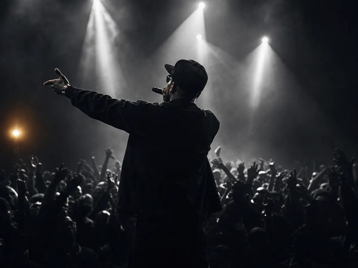 Rap artist performing on a dark stage under white spotlights