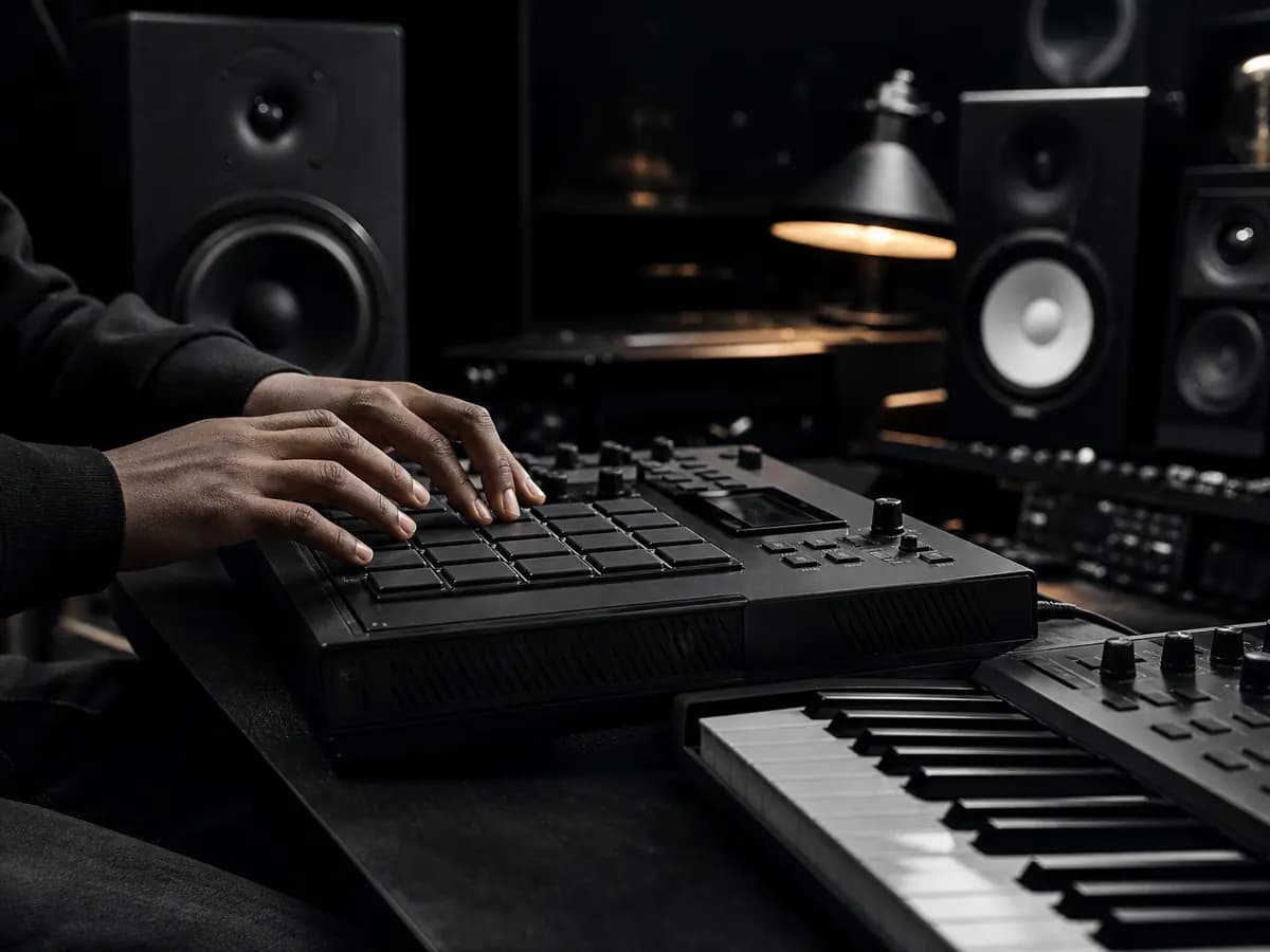 Drum machine and keyboard in a dark home studio, producing a beat with the AI rap music generator