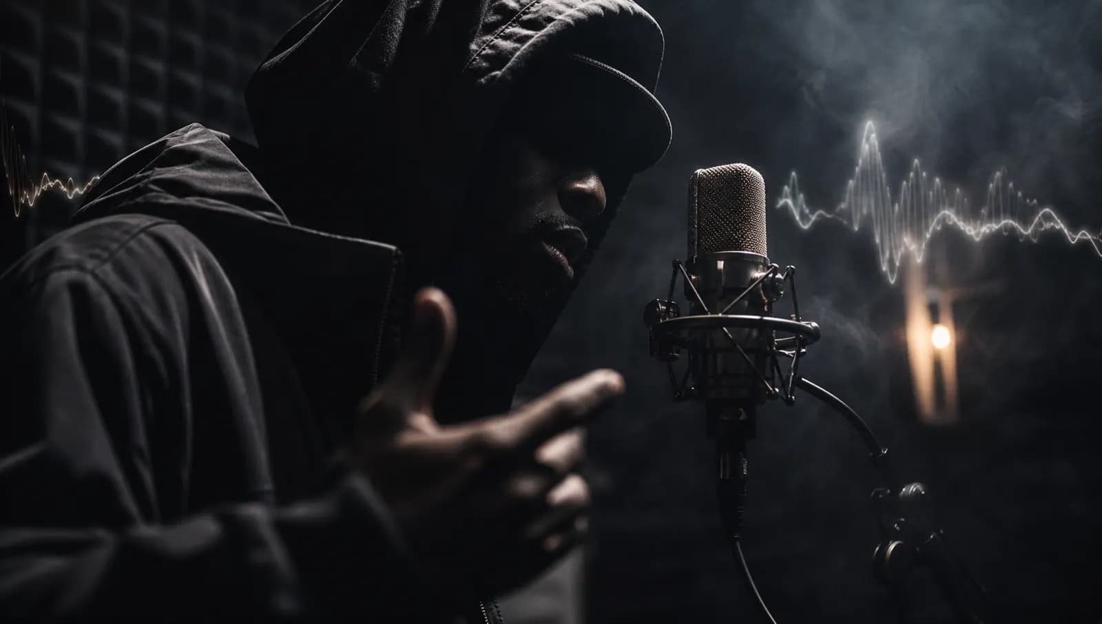 Rapper recording vocals in a dark studio, made with the AI rap generator