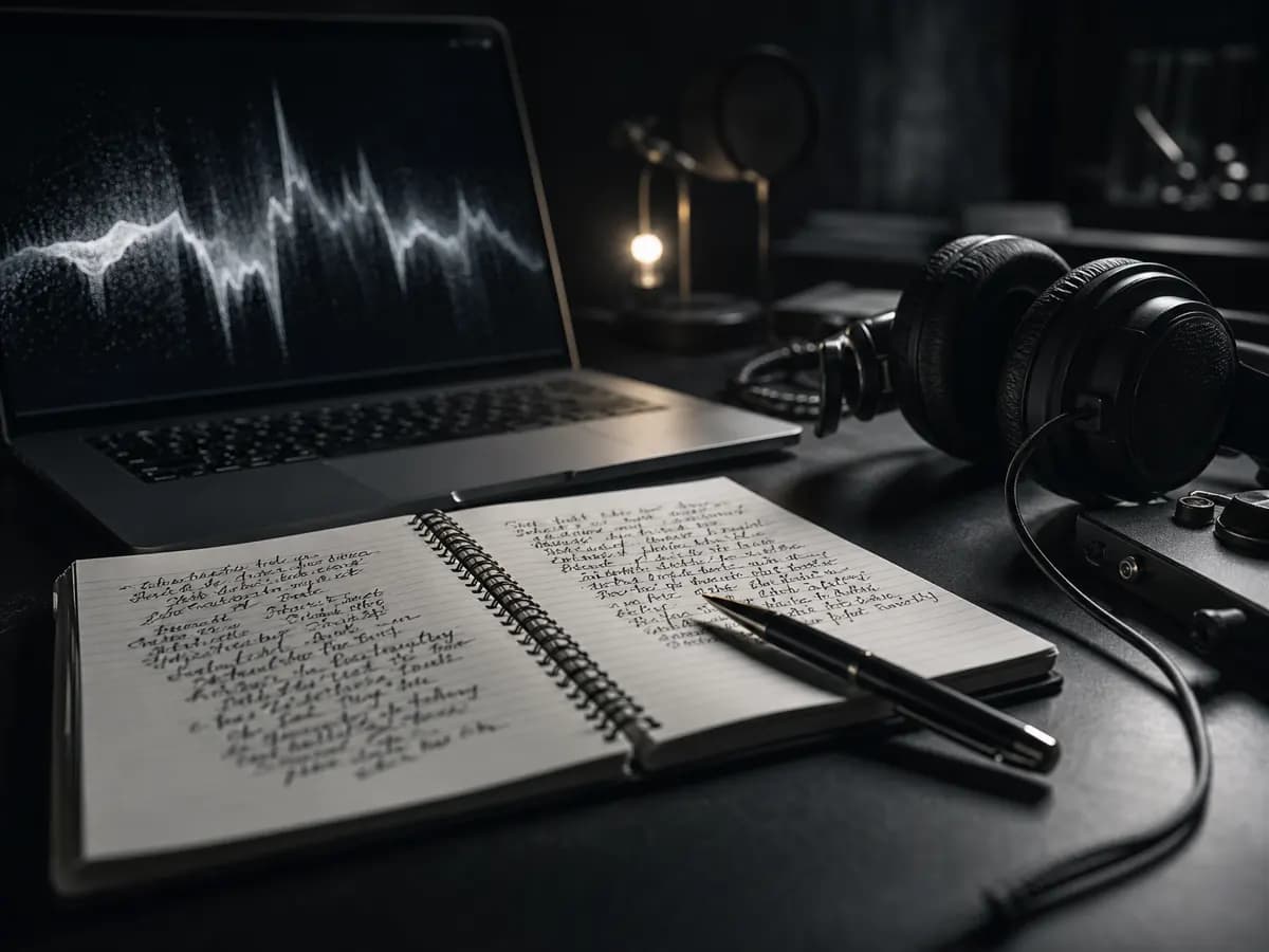 Notebook of handwritten verses next to a laptop, writing AI rap lyrics