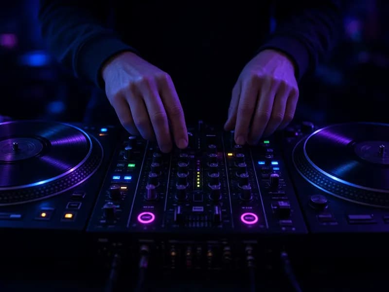 Postazione DJ che usa un rilevatore di BPM per allineare il tempo di due brani