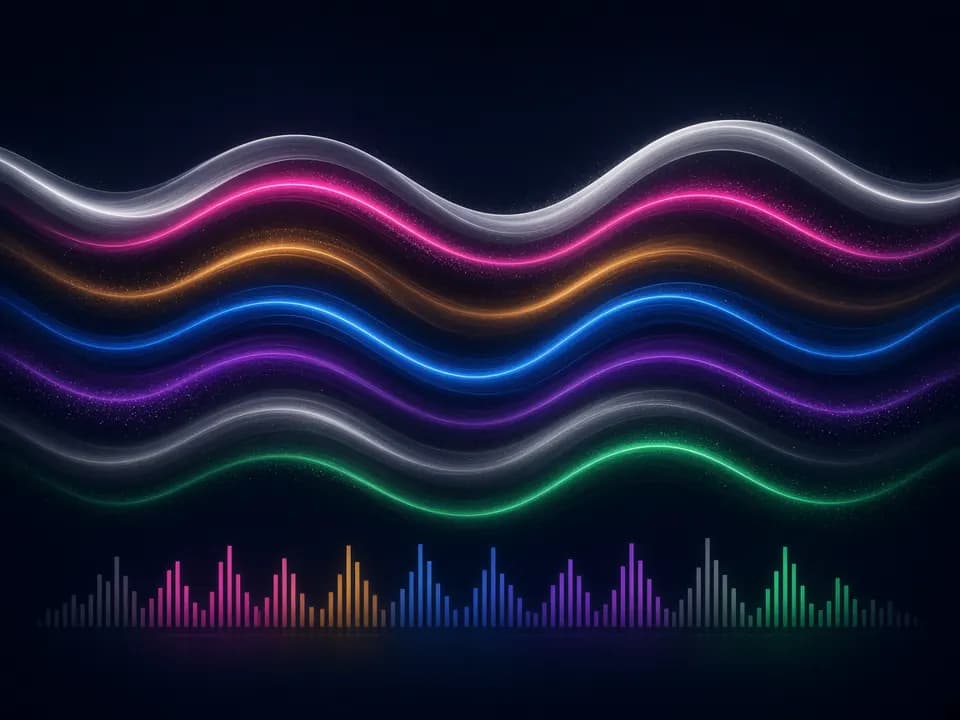 Noise generator showing the seven noise colors as glowing sound waves and spectrum bars