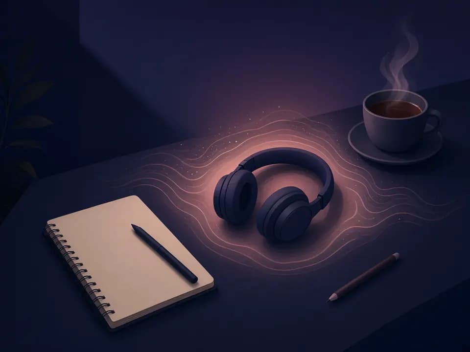 Noise generator for focus: headphones surrounded by calm brown noise waves on a study desk