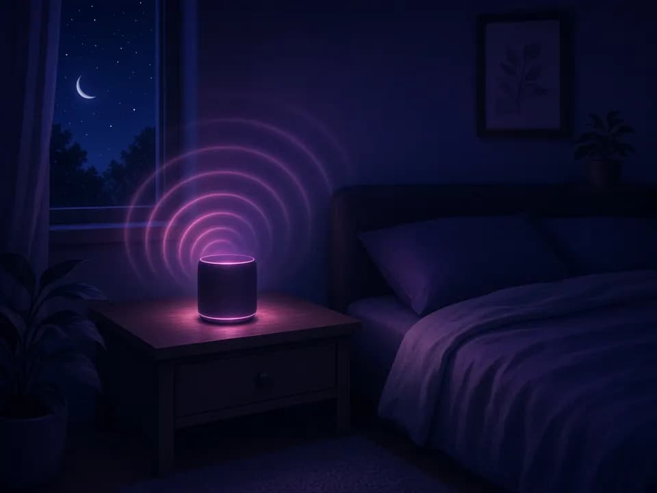 Noise generator for sleep: a bedside speaker playing soft pink and brown noise at night
