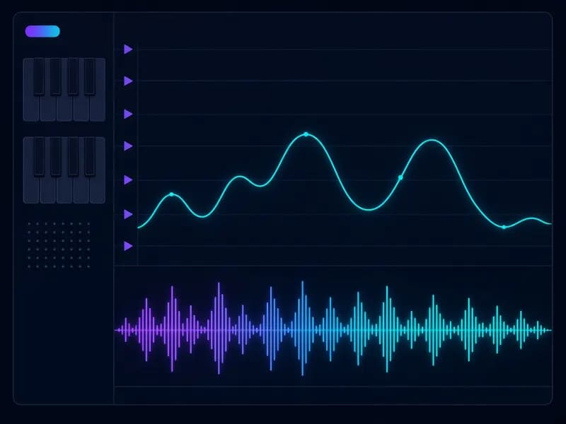 Pitch finder analysing an audio file: pitch curve over piano-key lanes and a waveform