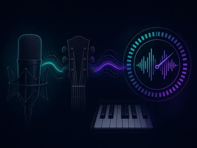 Pitch finder for singers, guitar and piano: microphone, guitar and keyboard feeding a pitch meter