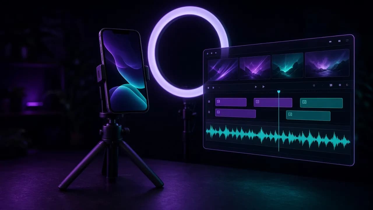 Smartphone su treppiede e timeline video con colonna sonora del generatore di beat casuali
