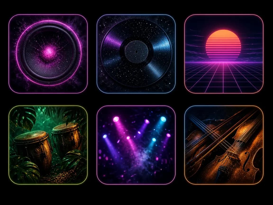 Riquadri dei generi del generatore di beat casuali: cassa, vinile, sole synthwave, percussioni, luci da club e archi