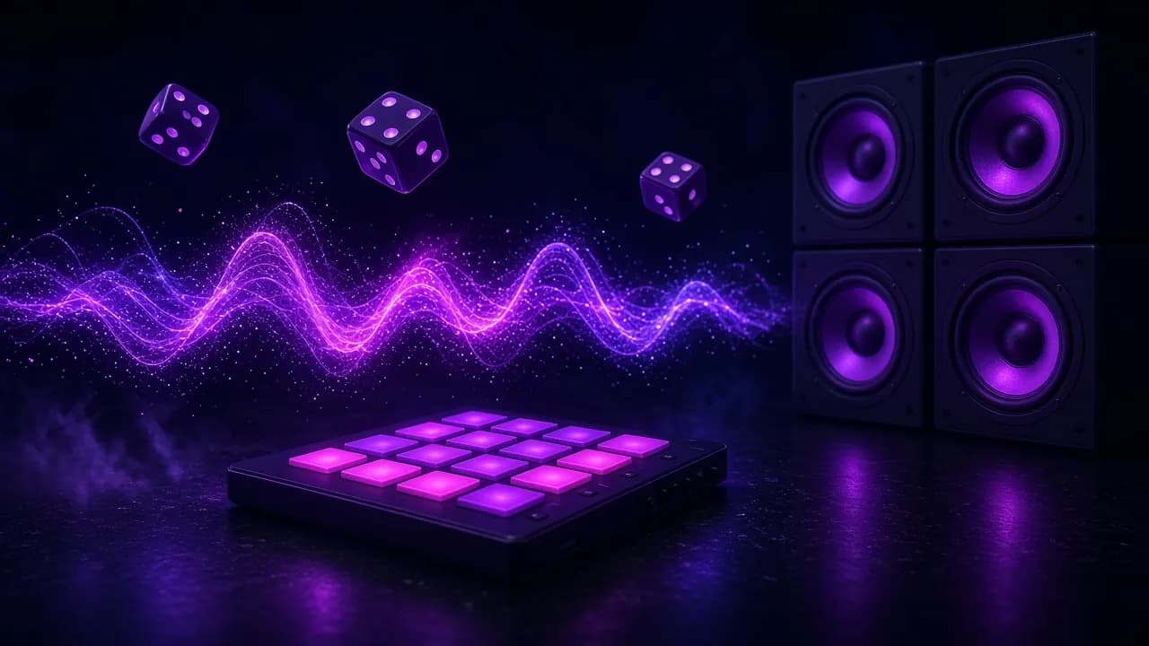 Generatore di beat casuali con pad luminosi, casse 808 e dadi che estraggono un nuovo beat