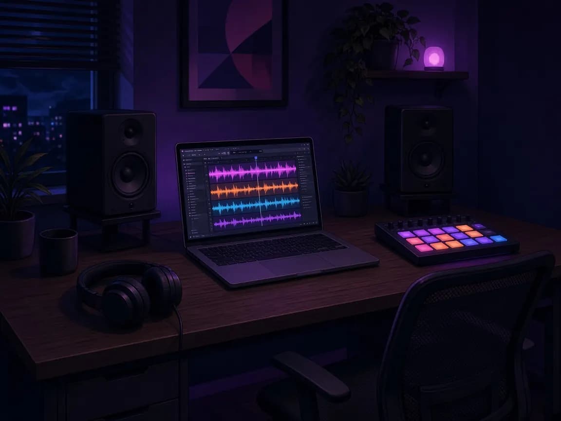 Home studio con tracce sul portatile e pad, rifinitura di un beat del generatore di beat casuali