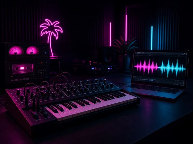 Producer using a VHS audio effect generator on a synthwave track in a dark studio