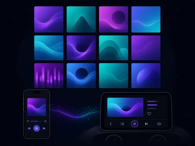 Well-tagged music library with album art on a phone and car screen after using the MP3 tag editor online