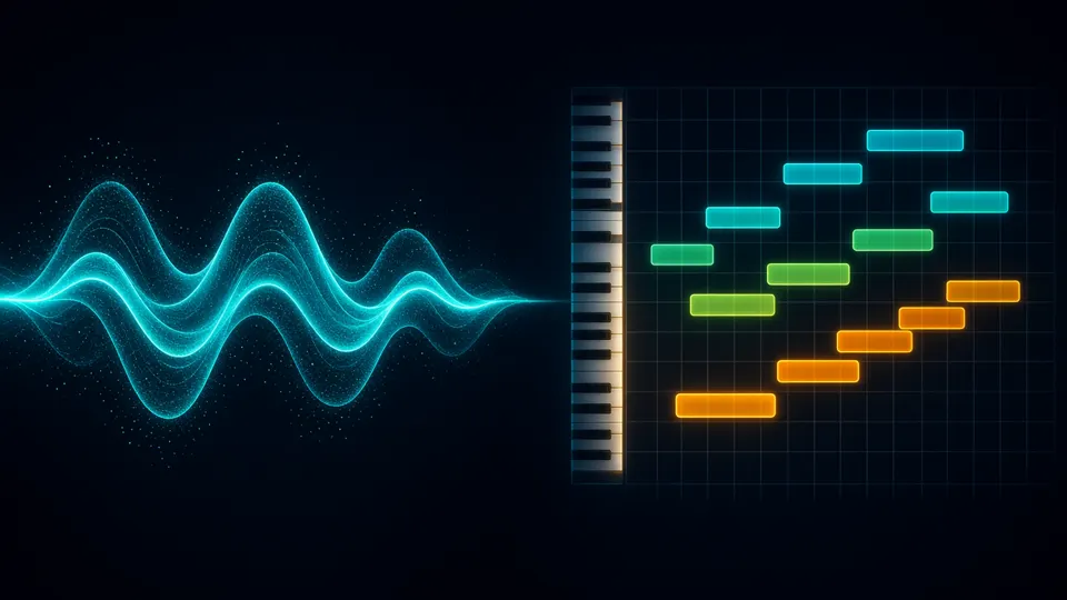 Audio to MIDI: a sound waveform turning into MIDI notes on a piano roll