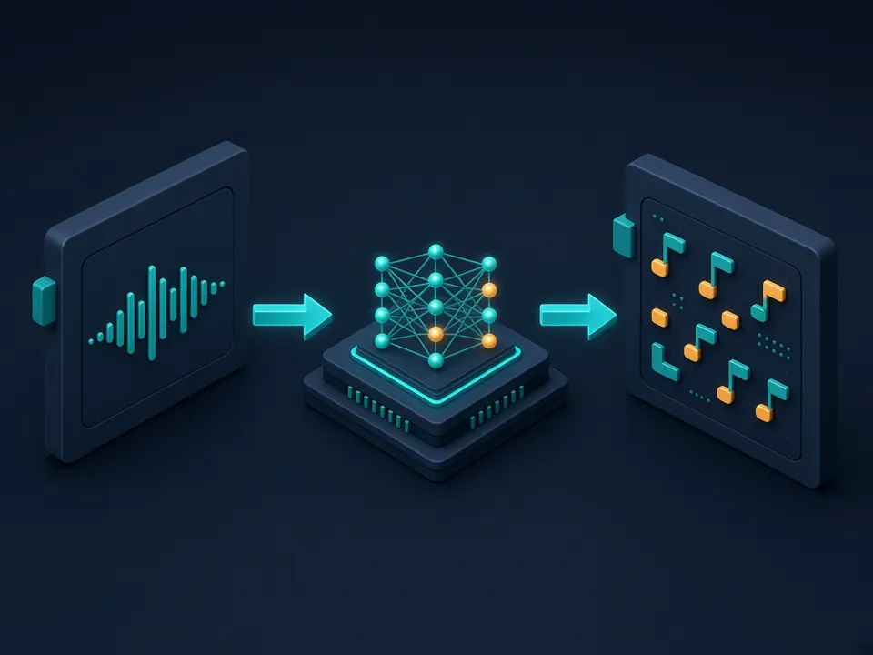 How audio to MIDI works: audio file, AI note detection, MIDI file