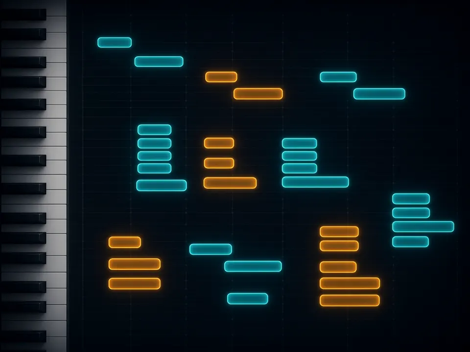 Audio to MIDI piano roll showing detected melody and chords