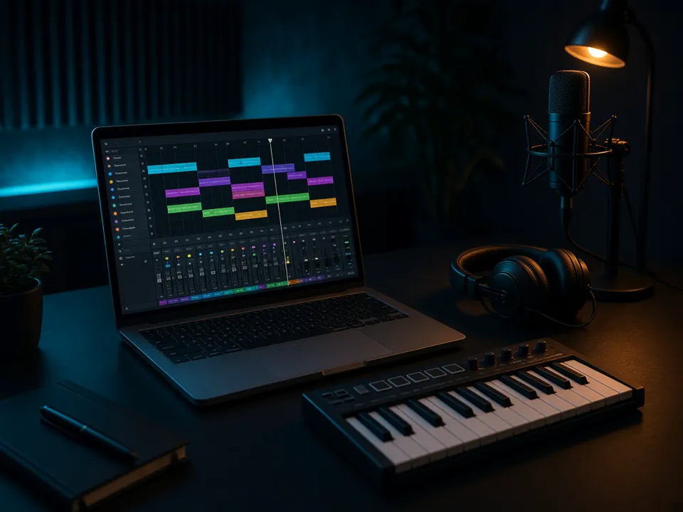 Music producer workspace using audio to MIDI with a keyboard and DAW