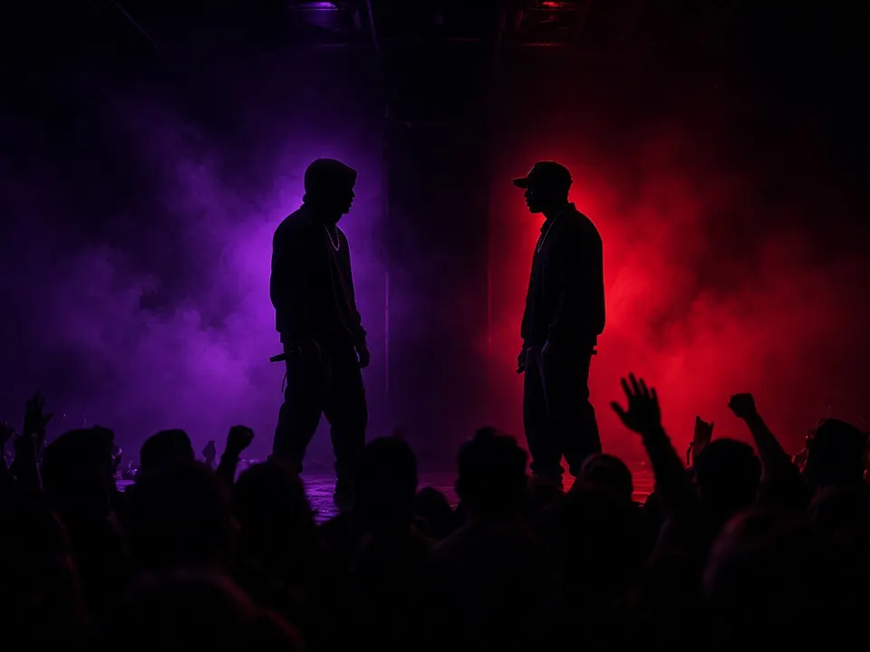 Two rappers facing off on a dark battle stage, made with an AI diss track generator
