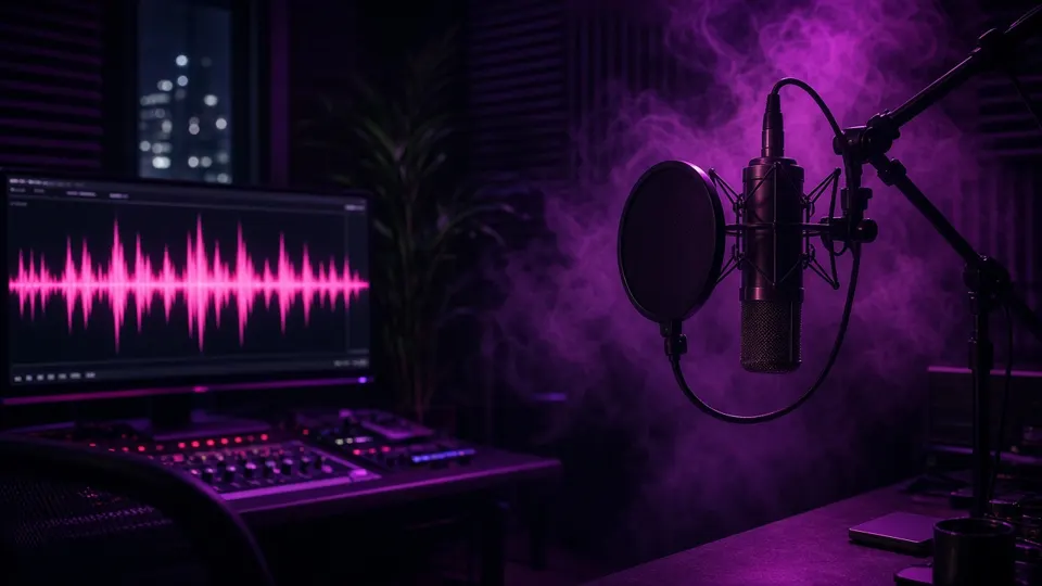 AI diss track generator: microphone and waveform in a dark neon recording booth