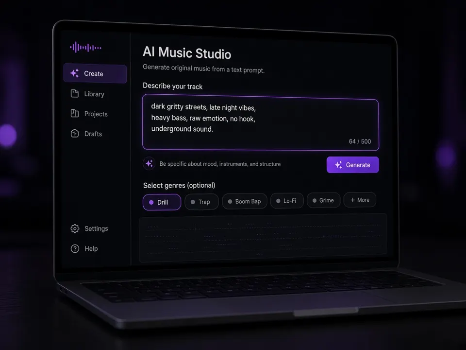 Diss track generator prompt with drill, trap and boom bap style chips on a dark laptop screen