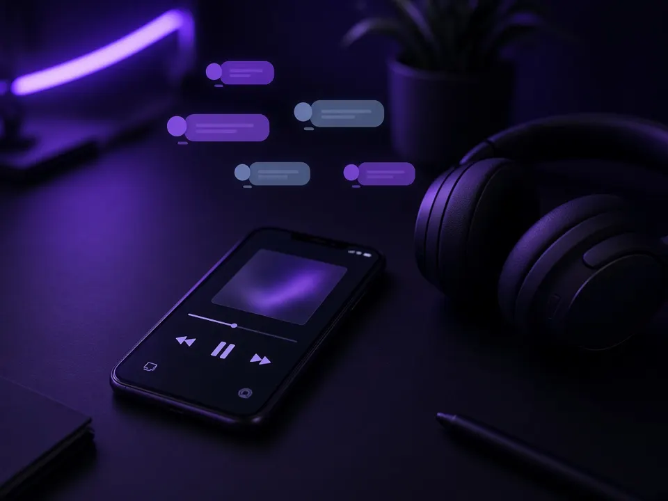 Phone playing a song from the diss track generator next to headphones, ready to share