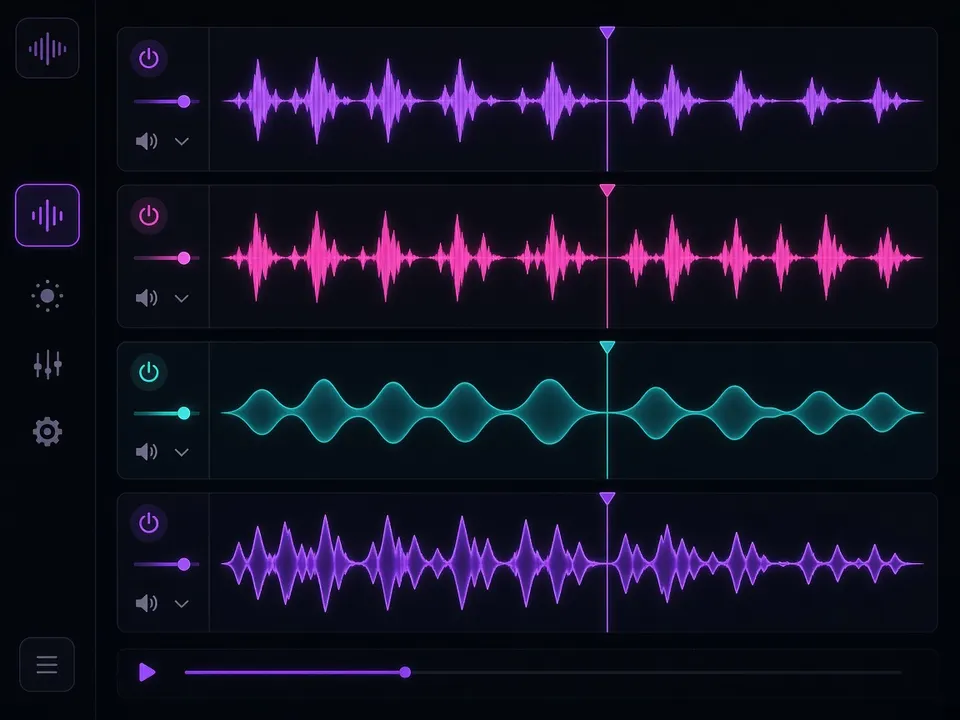 Convertidor de canción a instrumental separando voz, batería, bajo e instrumental en una pantalla oscura