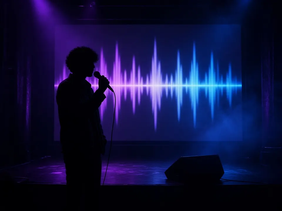 Cantante haciendo karaoke sobre una pista del convertidor de canción a instrumental